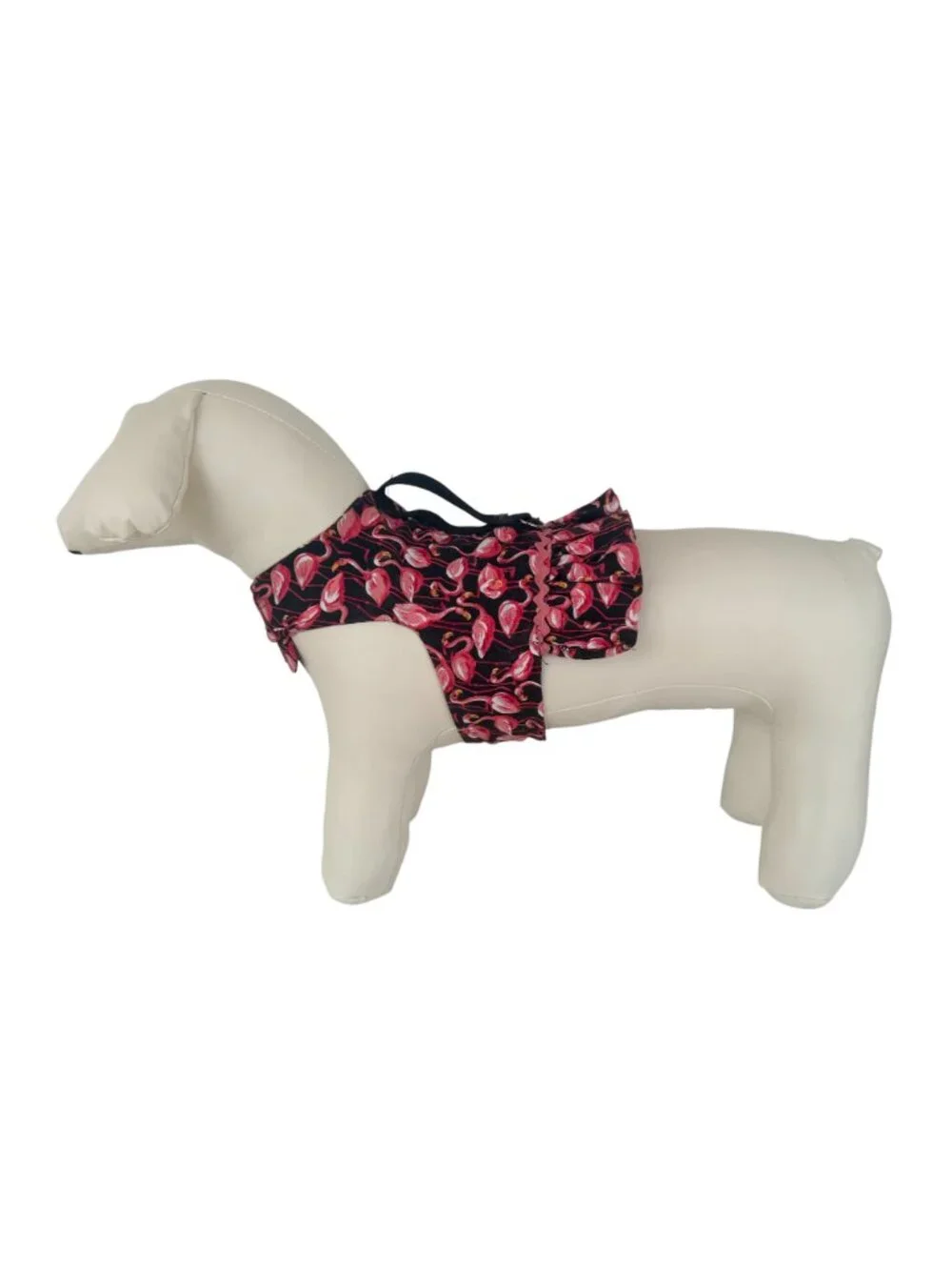 Handmade Small Dog Adjustable Dress Outfit w Harness Flamingo Black Pink Print